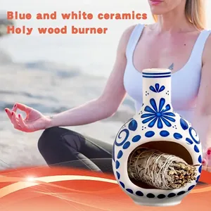 Quemador de madera sagrada de cerámica floral azul y blanca para yoga y meditación