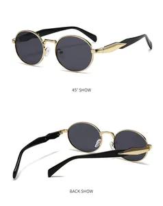 Vista detallada de gafas de sol ovaladas retro de metal con montura dorada y lentes