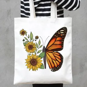 Women's Cute Butterfly Printed Canvas Tote Bag Eco Friendly Reusable Shopping Handbag For Casual Daily Travel Beach