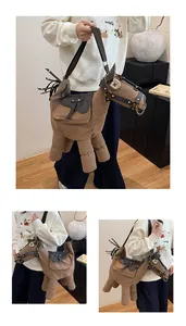 Unique donkey-shaped canvas crossbody bag for women with black leather saddle detail