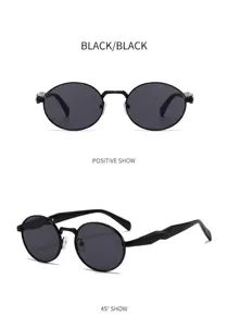 Classic oval metal frame sunglasses with black lenses, featuring front and side detail views