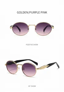 Detailed views of vintage oval gold metal sunglasses with purple pink gradient lenses