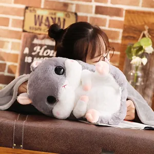 Cute grey hamster plush pillow blanket 3-in-1 made of incredibly soft faux rabbit fur