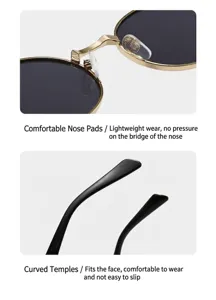 Detailed view of comfortable nose pads and curved temples on golden oval metal sunglasses