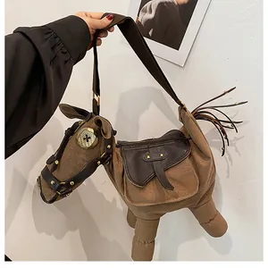 Unique quirky donkey-shaped canvas crossbody bag with detailed leather-like accents.