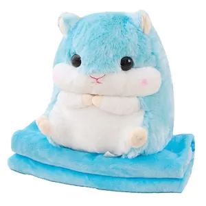 Soft blue hamster plush toy 3-in-1 pillow and blanket set for home and travel use