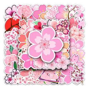 Hochwertiges Set mit 50 wasserfesten rosa Kirschblüten-Sticker für Laptop und Kofferdekoration