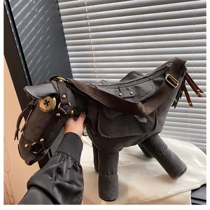 Unique donkey-shaped canvas crossbody bag with leather-look strap and button eye detail