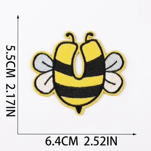 Bee shaped embroidered patch detail showing precise size measurements in cm and inch.