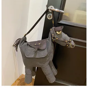 Creative horse-shaped gray canvas crossbody bag with leather trim detail for women
