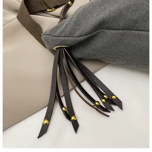 Close-up of gray canvas crossbody bag featuring leather tassels with gold studs detail