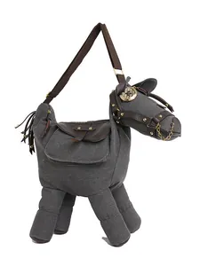Unique donkey shaped grey canvas crossbody bag with dark leather accents and gold hardware