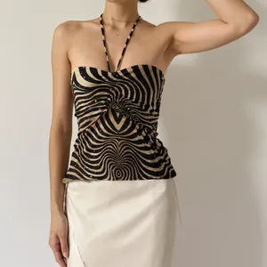 Sexy zebra print halter top with ruched detail and backless design for summer