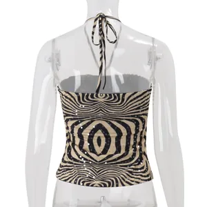 Sexy halter neck zebra print backless top with sequins shown from the back on mannequin