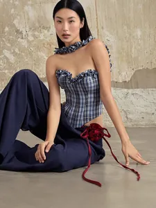 Elegant blue plaid ruffle corset top and wide-leg trousers set with red flower detail