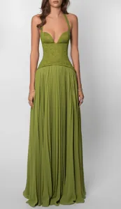 Detailed view of the elegant olive green lace halter bodice and pleated maxi skirt.