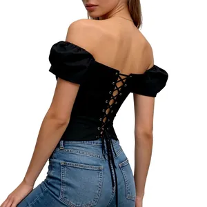 Top Corsetto da Donna Alla Moda con Spalle Scoperte Maniche a Sbuffo Allacciato Stringato Modellante con Imbottitura Poliestere