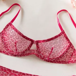 Detail van de roze luipaardprint mesh lingerie met een delicate beugelondersteuning