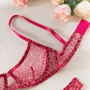 Macrodetail van de sexy roze mesh beha met luipaardprint en verstelbare schouderband