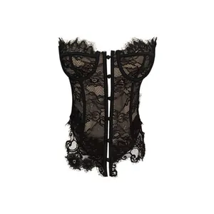 Elegant black lace scalloped edge corset top with front button closure for women