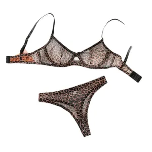 Franse Stijl Sexy Luipaardprint Mesh Lingerie Top en Broekje Transparante Dunne Bh en Slip Mode Ondergoed voor Dames