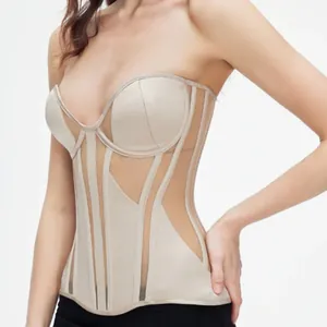 Elegantes beiges Mesh-Korsett mit Fischbein-Detail und transparenten Netzeinsätzen