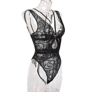 Detailed view of sexy black floral lace see-through bodysuit lingerie