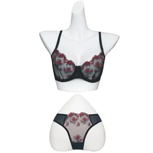 Sexy black and red floral lace lingerie set featuring sheer mesh and embroidery