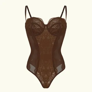 Body Femme Sexy en Dentelle et Maille Patchwork Corset en Os de Poisson Minceur Bretelles Réglables Haut Sans Manches Café