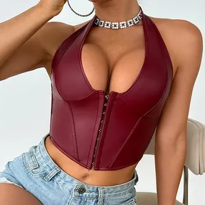 Sexy rood PU-lederen halter korset top met haaksluiting aan de voorkant voor dames