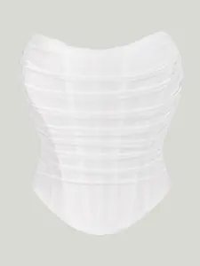 Detailed view of the elegant white mesh corset top featuring a pleated front design.