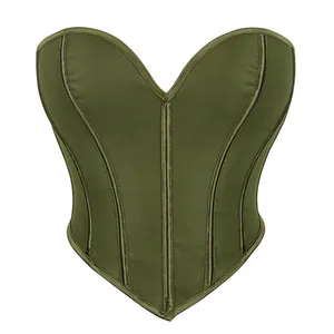 Dettaglio frontale del corsetto verde oliva con scollo a cuore e stecche strutturali