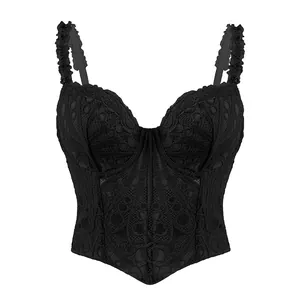 Elegante corsetto vintage francese in pizzo nero con ferretto e stecche di sostegno