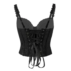Elegante top a corsetto vintage francese in pizzo nero con ferretto e allacciatura