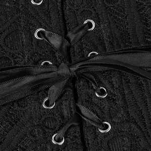 Canotta vintage in pizzo nero trasparente con lacci anteriori e design accorciato