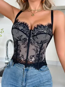 Detailed view of elegant black lace bustier corset top with padding and fishbone support