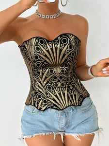 Elegante top a corsetto nero senza spalline con ricamo di paillettes dorate per feste