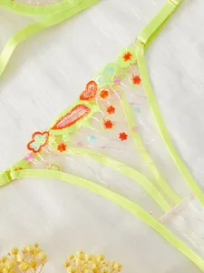 Vue rapprochée détaillée de la broderie néon sur un string en maille fine transparente
