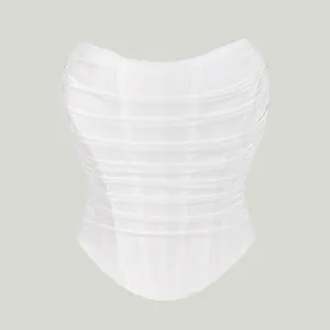 Elegant white mesh fishbone corset top with stylish ruched detailing for modern women