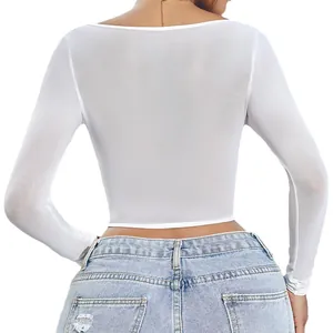 Sexy weißes, langärmliges, durchsichtiges Mesh-Crop-Top für Damen im eng anliegenden Stil
