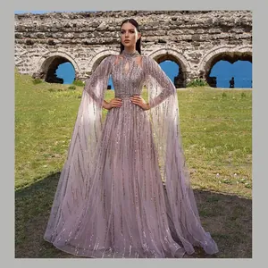 Elegant lavender evening gown featuring shimmering sequins and flowing cape sleeves.