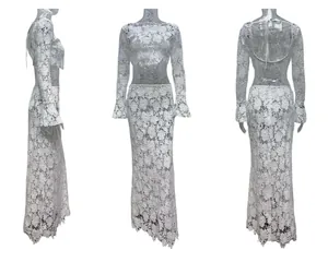 Comprehensive detail shots of elegant white floral lace two-piece set with mermaid skirt