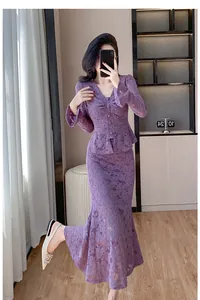 Elegant purple lace two-piece set with flared sleeve top and mermaid skirt outfits.