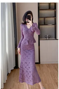 Elegant purple lace two-piece set featuring V-neck flare sleeve top and fishtail skirt