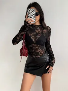 Elegantes Damen Blumen Spitze Top Langarm Slim Fit Rüschenbesatz Stehkragen Durchsichtige Mesh Bluse Polyester Jacquard Shirt