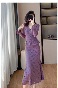 Elegant purple lace two-piece set featuring a peplum top and long mermaid skirt for women