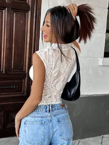 Detailed back view of white floral lace hollow out slim fit short top for women