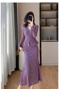Elegant purple lace two-piece fashion set with V-neck flared sleeve top and mermaid skirt
