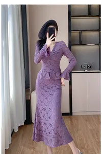 Elegant purple lace two-piece set featuring V-neck top and mermaid midi skirt