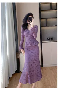Elegant purple lace two-piece set featuring a V-neck bell sleeve top and a long mermaid skirt